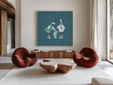 Ducks in the Snow IX by Yvette St. Amant. Shown as extra-large giant wall art in a modern living room. Available as an archival giclee rolled canvas, fine art paper, or poster print. SKU 97322a.