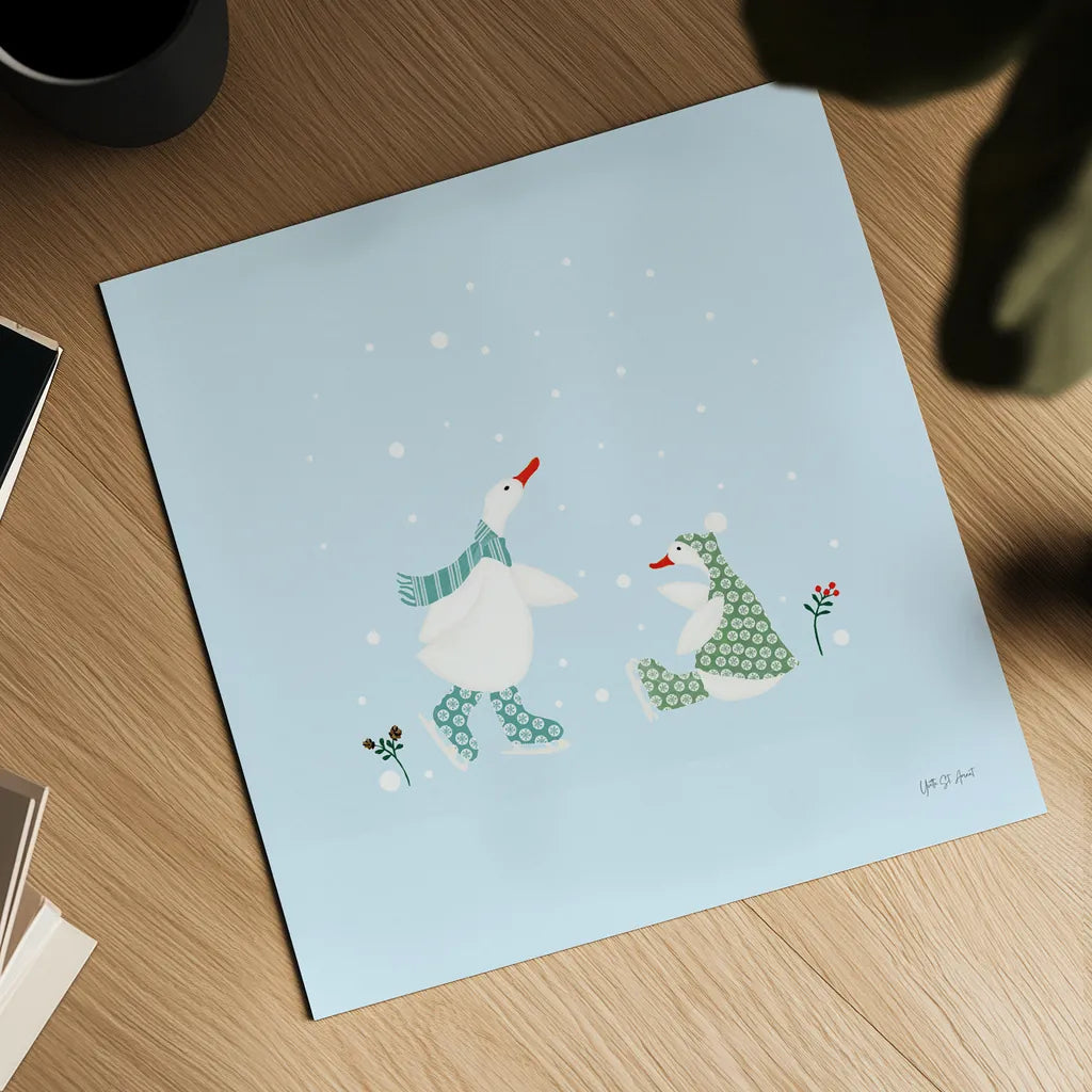 Ducks in the Snow V by Yvette St. Amant. Shown as a detailed flat fine art print, highlighting archival giclee quality. Available as an archival giclee rolled canvas, fine art paper, or poster print. SKU 97318a.