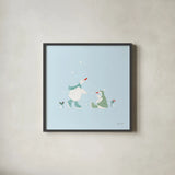 Ducks in the Snow V by Yvette St. Amant. Shown in a sleek black glass frame for a contemporary gallery look. Available as an archival giclee rolled canvas, fine art paper, or poster print. SKU 97318a.