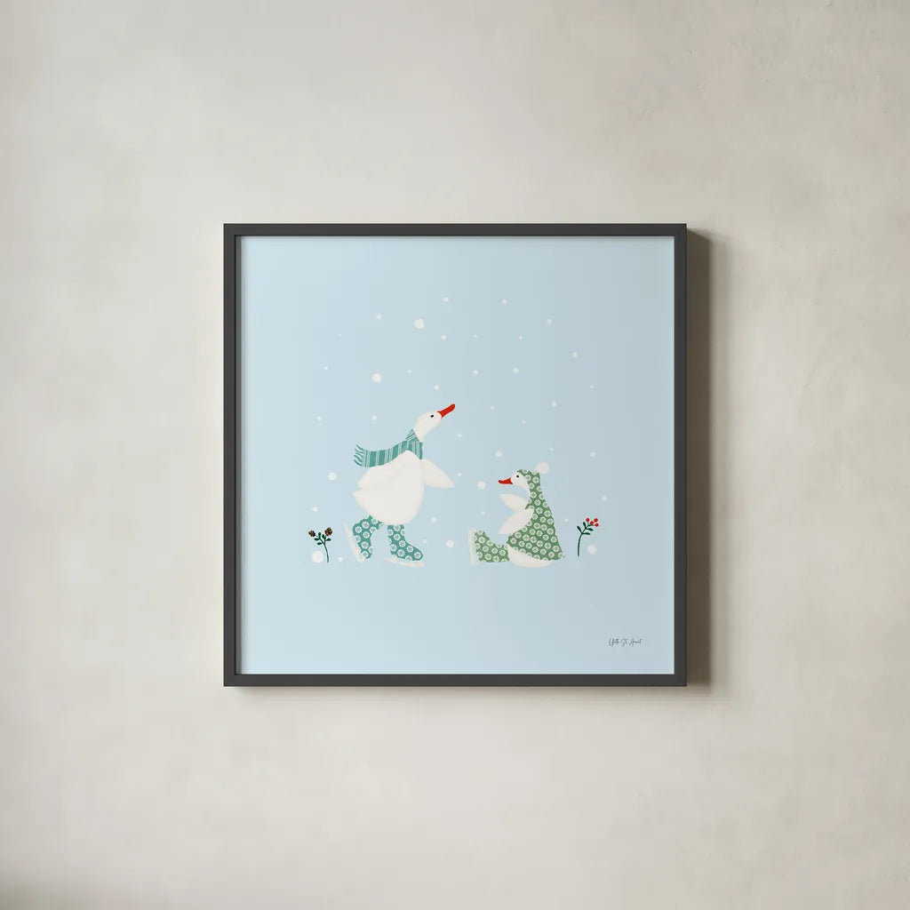 Ducks in the Snow V by Yvette St. Amant. Shown in a sleek black glass frame for a contemporary gallery look. Available as an archival giclee rolled canvas, fine art paper, or poster print. SKU 97318a.