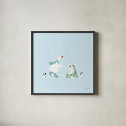 Ducks in the Snow V by Yvette St. Amant. Shown in a sleek black glass frame for a contemporary gallery look. Available as an archival giclee rolled canvas, fine art paper, or poster print. SKU 97318a.