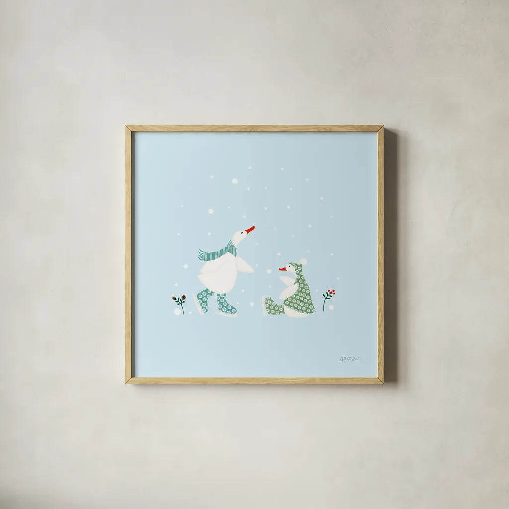 Ducks in the Snow V by Yvette St. Amant. Shown in a natural wood glass frame for a timeless modern aesthetic. Available as an archival giclee rolled canvas, fine art paper, or poster print. SKU 97318a.