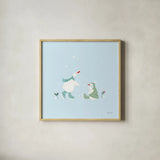 Ducks in the Snow V by Yvette St. Amant. Shown in a natural wood glass frame for a timeless modern aesthetic. Available as an archival giclee rolled canvas, fine art paper, or poster print. SKU 97318a.