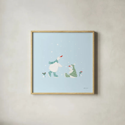 Ducks in the Snow V by Yvette St. Amant. Shown in a natural wood glass frame for a timeless modern aesthetic. Available as an archival giclee rolled canvas, fine art paper, or poster print. SKU 97318a.