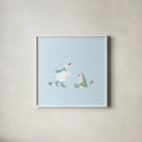 Ducks in the Snow V by Yvette St. Amant. Shown in a crisp white glass frame for a clean and minimalist style. Available as an archival giclee rolled canvas, fine art paper, or poster print. SKU 97318a.