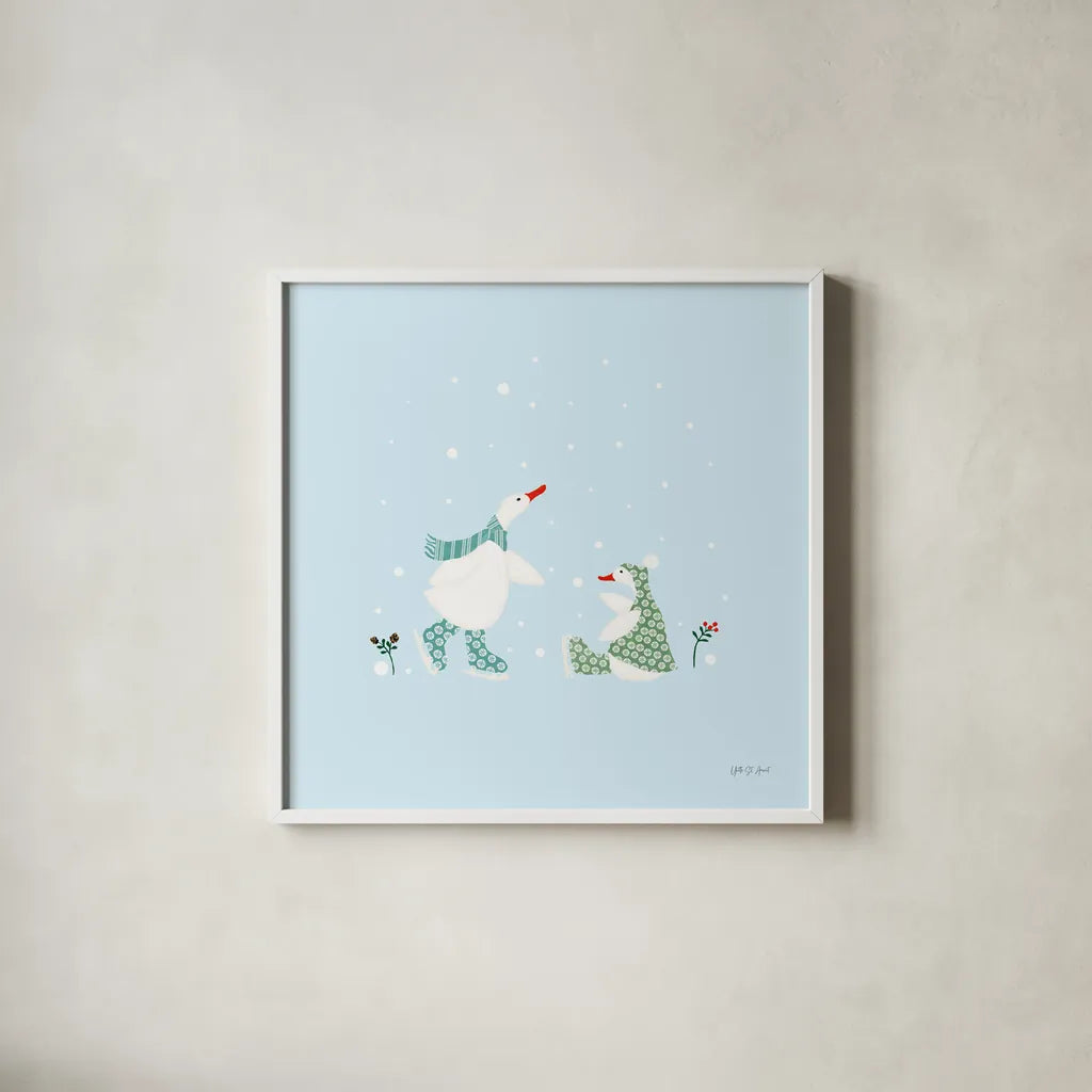 Ducks in the Snow V by Yvette St. Amant. Shown in a crisp white glass frame for a clean and minimalist style. Available as an archival giclee rolled canvas, fine art paper, or poster print. SKU 97318a.