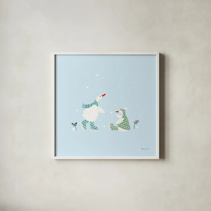 Ducks in the Snow V by Yvette St. Amant. Shown in a crisp white glass frame for a clean and minimalist style. Available as an archival giclee rolled canvas, fine art paper, or poster print. SKU 97318a.