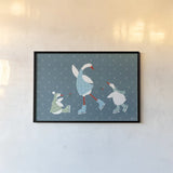 Ducks in the Snow VI by Yvette St. Amant. shown as a paper print in a black flame. Available as a archival giclee rolled canvas, fine art paper, or poster print. SKU 97319i.