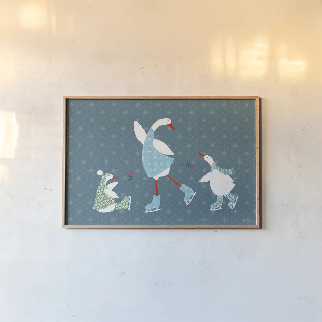 Ducks in the Snow VI by Yvette St. Amant. shown as a paper print in a natural frame. Available as a archival giclee rolled canvas, fine art paper, or poster print. SKU 97319i.
