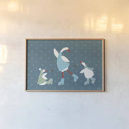 Ducks in the Snow VI by Yvette St. Amant. shown as a paper print in a natural frame. Available as a archival giclee rolled canvas, fine art paper, or poster print. SKU 97319i.