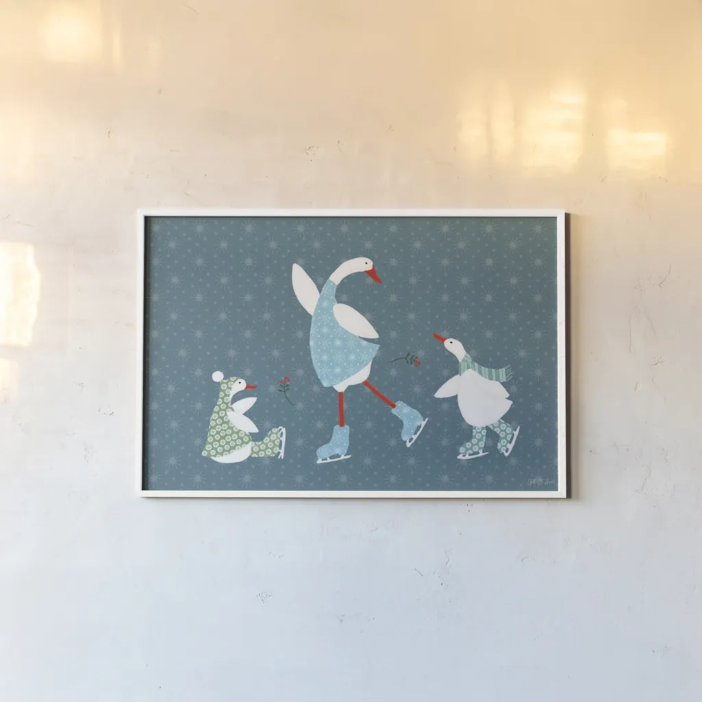 Ducks in the Snow VI by Yvette St. Amant. shown as a paper print in a white frame. Available as a archival giclee rolled canvas, fine art paper, or poster print. SKU 97319i.