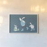 Ducks in the Snow VI by Yvette St. Amant. shown as a paper print in a white frame. Available as a archival giclee rolled canvas, fine art paper, or poster print. SKU 97319i.