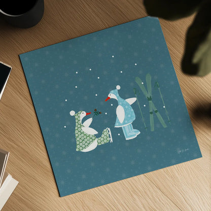 Ducks in the Snow VII by Yvette St. Amant. Shown as a detailed flat fine art print, highlighting archival giclee quality. Available as an archival giclee rolled canvas, fine art paper, or poster print. SKU 97320a.