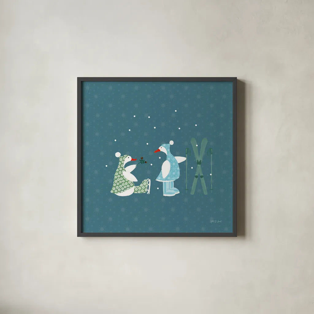 Ducks in the Snow VII by Yvette St. Amant. Shown in a sleek black glass frame for a contemporary gallery look. Available as an archival giclee rolled canvas, fine art paper, or poster print. SKU 97320a.