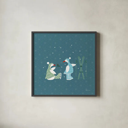 Ducks in the Snow VII by Yvette St. Amant. Shown in a sleek black glass frame for a contemporary gallery look. Available as an archival giclee rolled canvas, fine art paper, or poster print. SKU 97320a.
