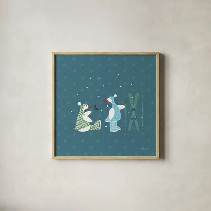 Ducks in the Snow VII by Yvette St. Amant. Shown in a natural wood glass frame for a timeless modern aesthetic. Available as an archival giclee rolled canvas, fine art paper, or poster print. SKU 97320a.