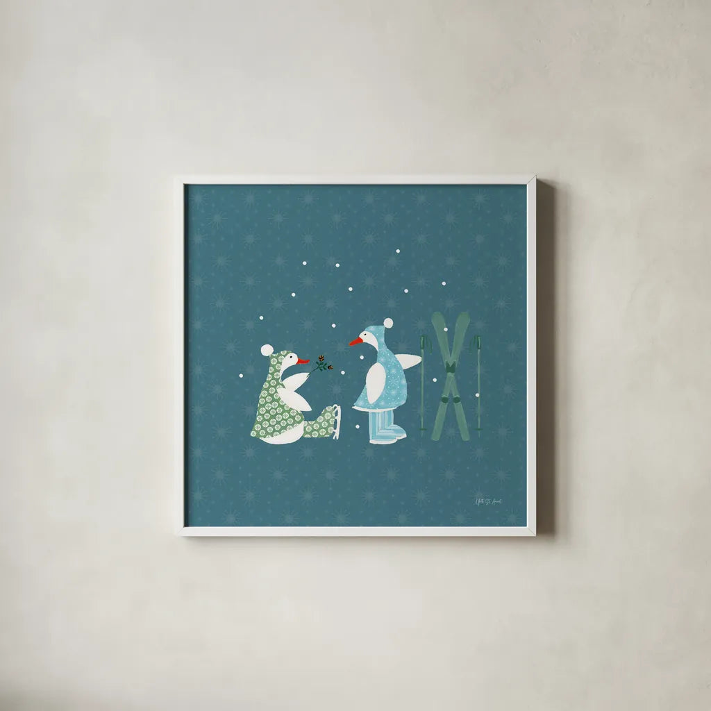 Ducks in the Snow VII by Yvette St. Amant. Shown in a crisp white glass frame for a clean and minimalist style. Available as an archival giclee rolled canvas, fine art paper, or poster print. SKU 97320a.