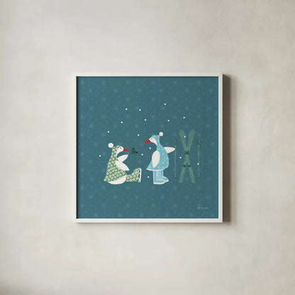 Ducks in the Snow VII by Yvette St. Amant. Shown in a crisp white glass frame for a clean and minimalist style. Available as an archival giclee rolled canvas, fine art paper, or poster print. SKU 97320a.