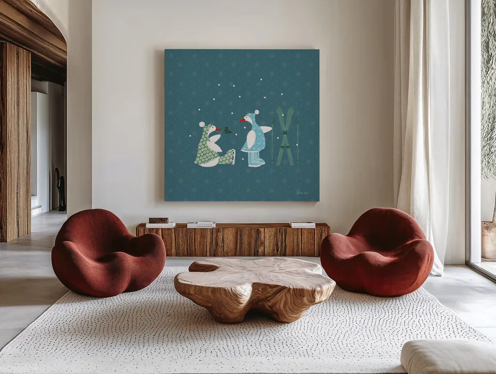 Ducks in the Snow VII by Yvette St. Amant. Shown as extra-large giant wall art in a modern living room. Available as an archival giclee rolled canvas, fine art paper, or poster print. SKU 97320a.