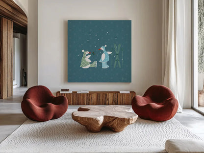 Ducks in the Snow VII by Yvette St. Amant. Shown as extra-large giant wall art in a modern living room. Available as an archival giclee rolled canvas, fine art paper, or poster print. SKU 97320a.