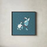 Ducks in the Snow VIII by Yvette St. Amant. Shown in a sleek black glass frame for a contemporary gallery look. Available as an archival giclee rolled canvas, fine art paper, or poster print. SKU 97321a.