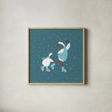 Ducks in the Snow VIII by Yvette St. Amant. Shown in a natural wood glass frame for a timeless modern aesthetic. Available as an archival giclee rolled canvas, fine art paper, or poster print. SKU 97321a.