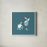 Ducks in the Snow VIII by Yvette St. Amant. Shown in a crisp white glass frame for a clean and minimalist style. Available as an archival giclee rolled canvas, fine art paper, or poster print. SKU 97321a.