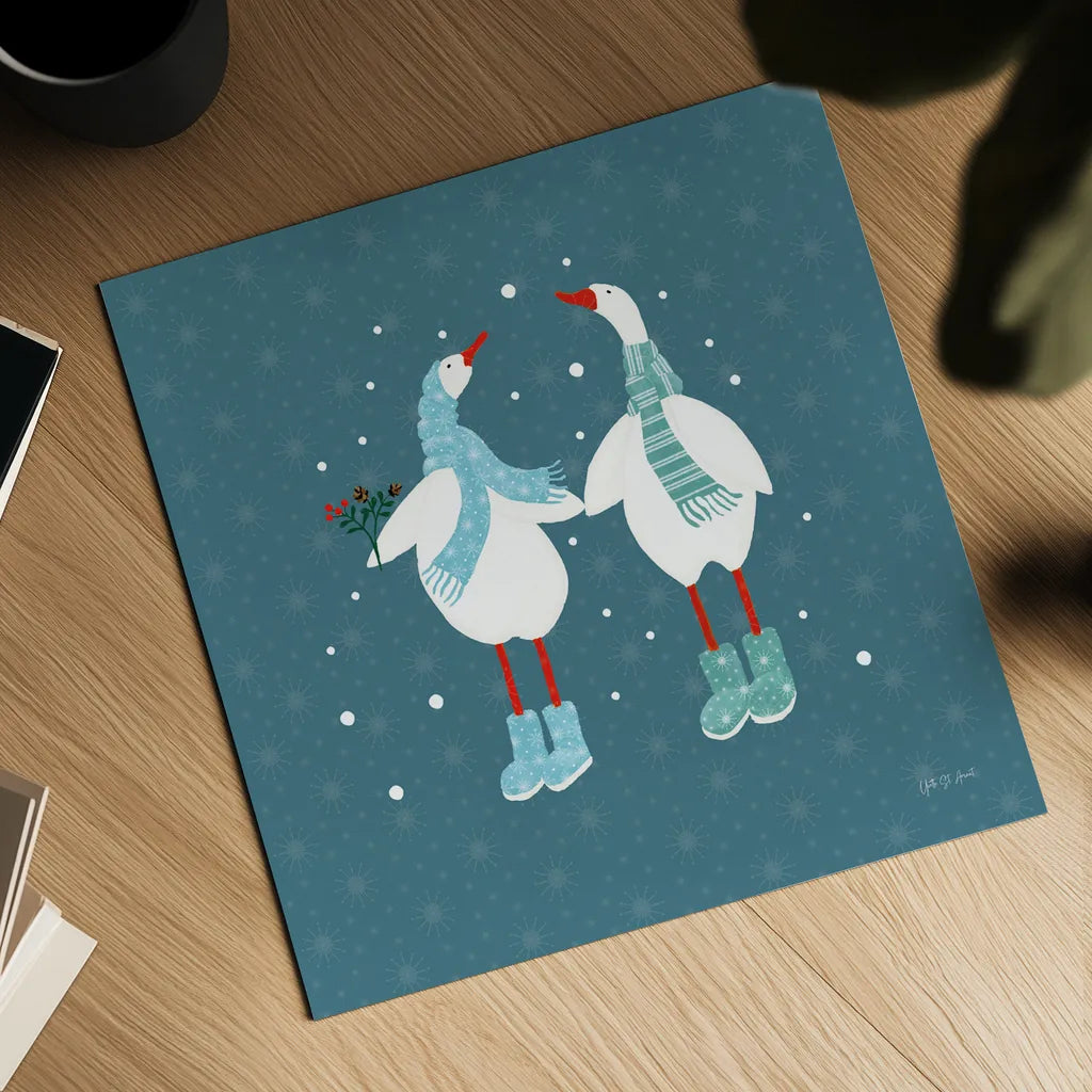 Ducks in the Snow X by Yvette St. Amant. Shown as a detailed flat fine art print, highlighting archival giclee quality. Available as an archival giclee rolled canvas, fine art paper, or poster print. SKU 97323a.