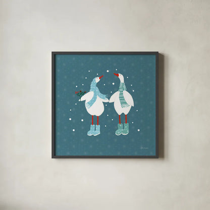 Ducks in the Snow X by Yvette St. Amant. Shown in a sleek black glass frame for a contemporary gallery look. Available as an archival giclee rolled canvas, fine art paper, or poster print. SKU 97323a.
