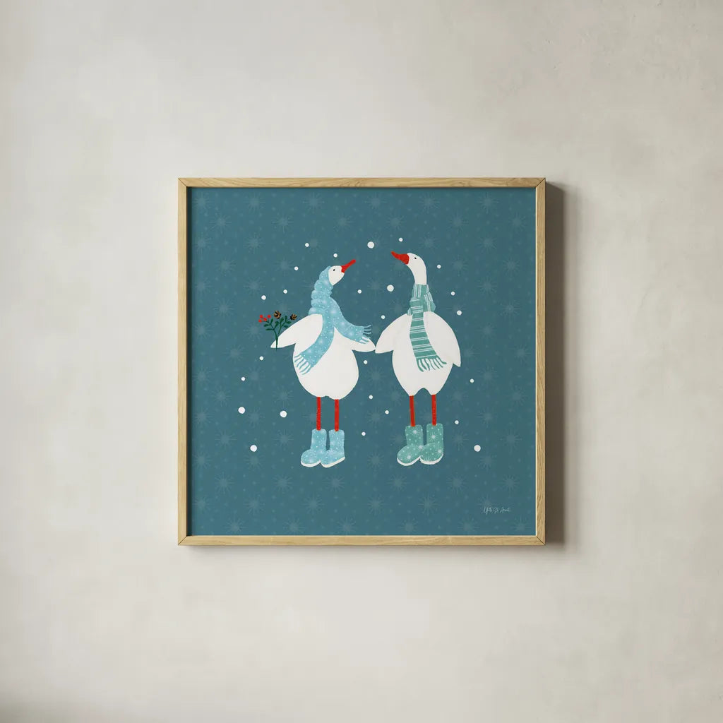 Ducks in the Snow X by Yvette St. Amant. Shown in a natural wood glass frame for a timeless modern aesthetic. Available as an archival giclee rolled canvas, fine art paper, or poster print. SKU 97323a.