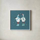 Ducks in the Snow X by Yvette St. Amant. Shown in a crisp white glass frame for a clean and minimalist style. Available as an archival giclee rolled canvas, fine art paper, or poster print. SKU 97323a.