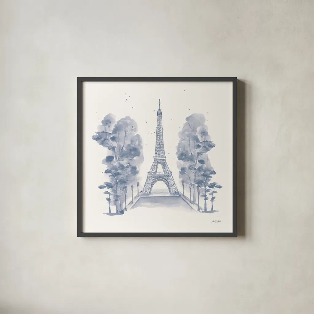 Eiffel Tower by Yvette St. Amant. Shown in a sleek black glass frame for a contemporary gallery look. Available as an archival giclee rolled canvas, fine art paper, or poster print. SKU 91413a.