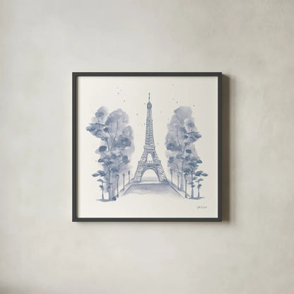 Eiffel Tower by Yvette St. Amant. Shown in a sleek black glass frame for a contemporary gallery look. Available as an archival giclee rolled canvas, fine art paper, or poster print. SKU 91413a.