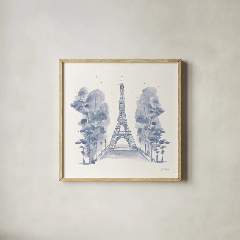 Eiffel Tower by Yvette St. Amant. Shown in a natural wood glass frame for a timeless modern aesthetic. Available as an archival giclee rolled canvas, fine art paper, or poster print. SKU 91413a.