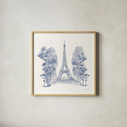 Eiffel Tower by Yvette St. Amant. Shown in a natural wood glass frame for a timeless modern aesthetic. Available as an archival giclee rolled canvas, fine art paper, or poster print. SKU 91413a.