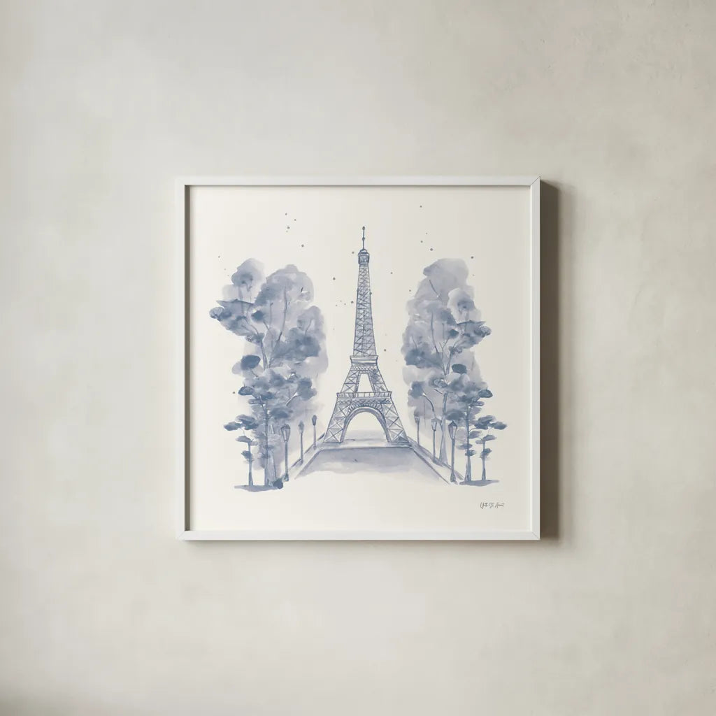Eiffel Tower by Yvette St. Amant. Shown in a crisp white glass frame for a clean and minimalist style. Available as an archival giclee rolled canvas, fine art paper, or poster print. SKU 91413a.