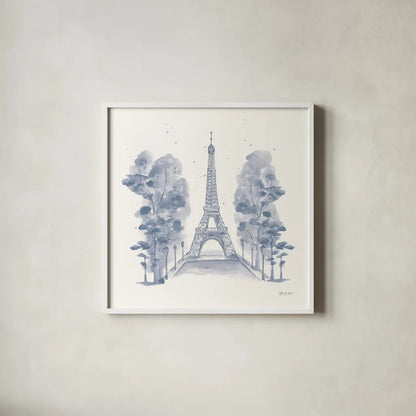 Eiffel Tower by Yvette St. Amant. Shown in a crisp white glass frame for a clean and minimalist style. Available as an archival giclee rolled canvas, fine art paper, or poster print. SKU 91413a.