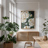 Enchanted Florals I by Yvette St. Amant. shown as a print in a natural wood frame in a dining room. Available as a archival giclee rolled canvas, fine art paper, or poster print. SKU 88737h.