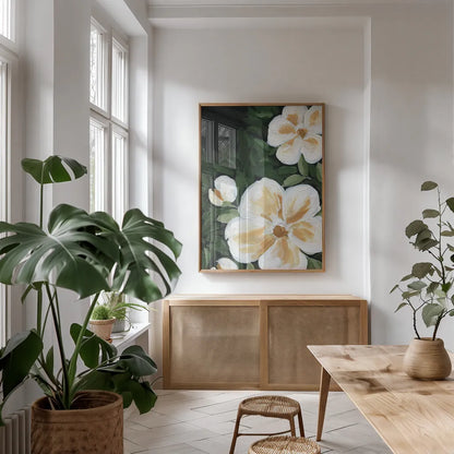 Enchanted Florals II by Yvette St. Amant. shown as a print in a natural wood frame in a dining room. Available as a archival giclee rolled canvas, fine art paper, or poster print. SKU 88738h.