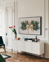Evergreen Christmas I by Yvette St. Amant. shown as a framed stretched canvas in a living room above a console. Available as a archival giclee rolled canvas, fine art paper, or poster print. SKU 96555i.
