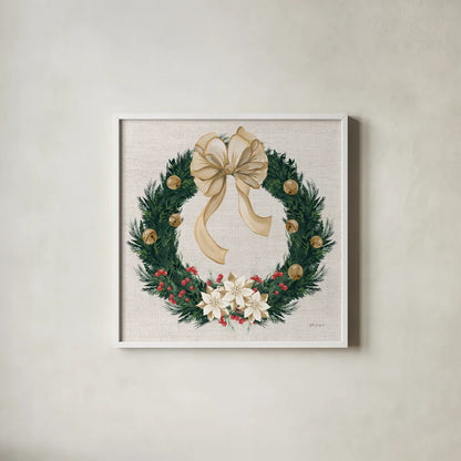 Evergreen Christmas IV by Yvette St. Amant. Shown in a crisp white glass frame for a clean and minimalist style. Available as an archival giclee rolled canvas, fine art paper, or poster print. SKU 96558a.