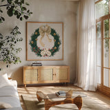 Evergreen Christmas IV by Yvette St. Amant. Shown in a natural wood frame in a cozy modern living room. Available as an archival giclee rolled canvas, fine art paper, or poster print. SKU 96558a.