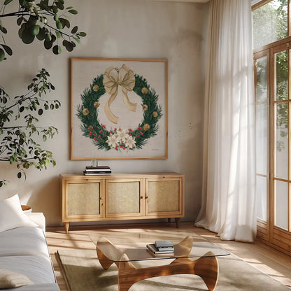 Evergreen Christmas IV by Yvette St. Amant. Shown in a natural wood frame in a cozy modern living room. Available as an archival giclee rolled canvas, fine art paper, or poster print. SKU 96558a.