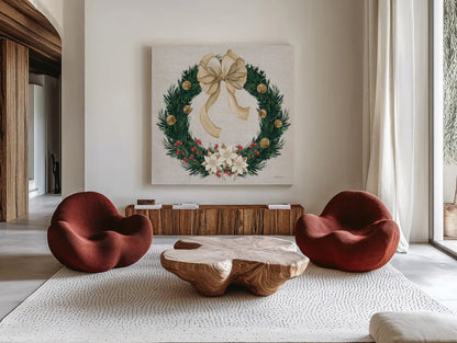Evergreen Christmas IV by Yvette St. Amant. Shown as extra-large giant wall art in a modern living room. Available as an archival giclee rolled canvas, fine art paper, or poster print. SKU 96558a.