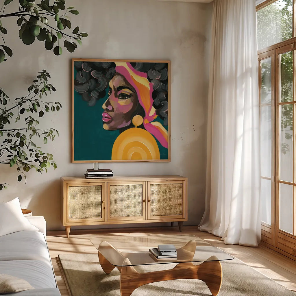 Fabulous and Glamorous I by Yvette St. Amant. Shown in a natural wood frame in a cozy modern living room. Available as an archival giclee rolled canvas, fine art paper, or poster print. SKU 96177a.