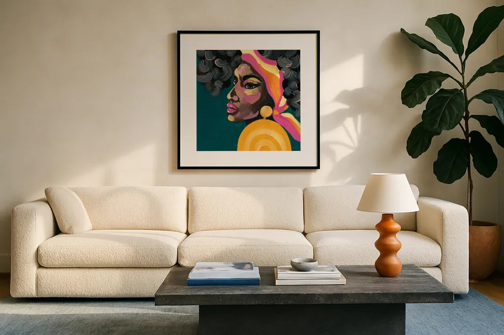 Fabulous and Glamorous I by Yvette St. Amant. Displayed in a glass frame with matte in a clean modern living room. Available as an archival giclee rolled canvas, fine art paper, or poster print. SKU 96177a.