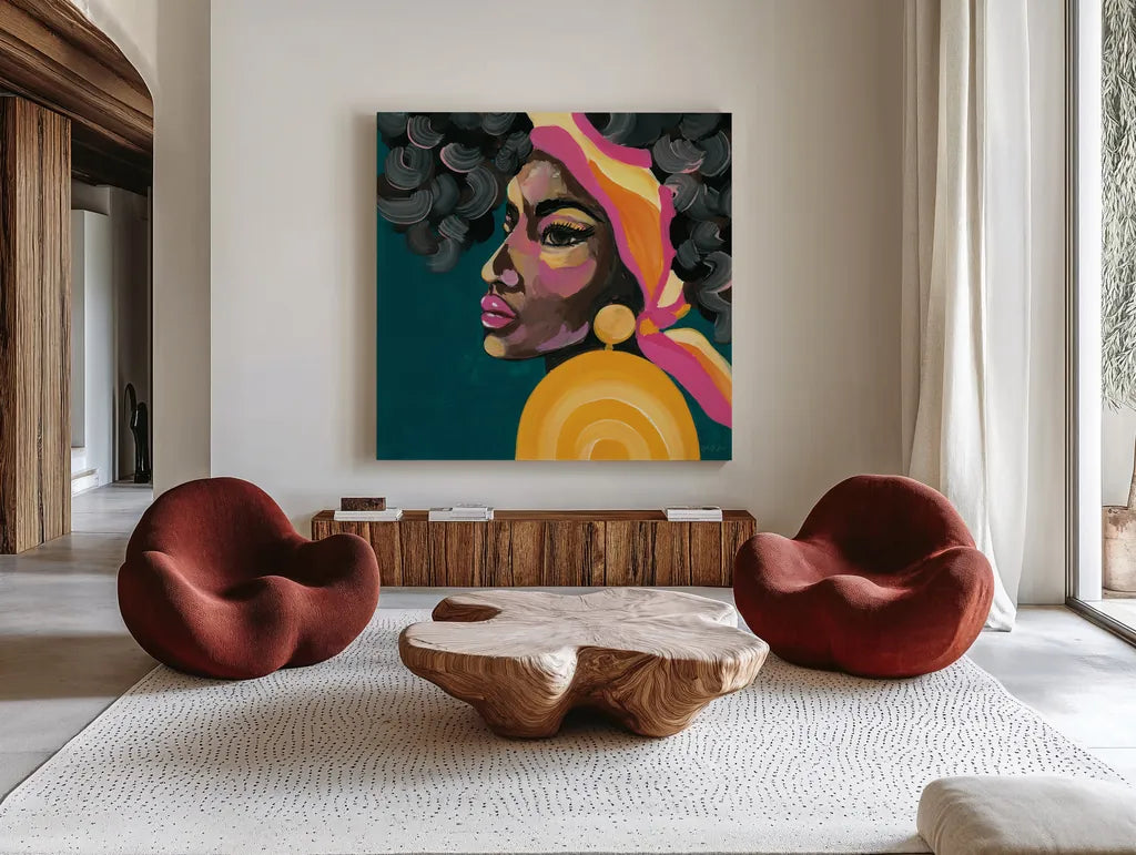 Fabulous and Glamorous I by Yvette St. Amant. Shown as extra-large giant wall art in a modern living room. Available as an archival giclee rolled canvas, fine art paper, or poster print. SKU 96177a.