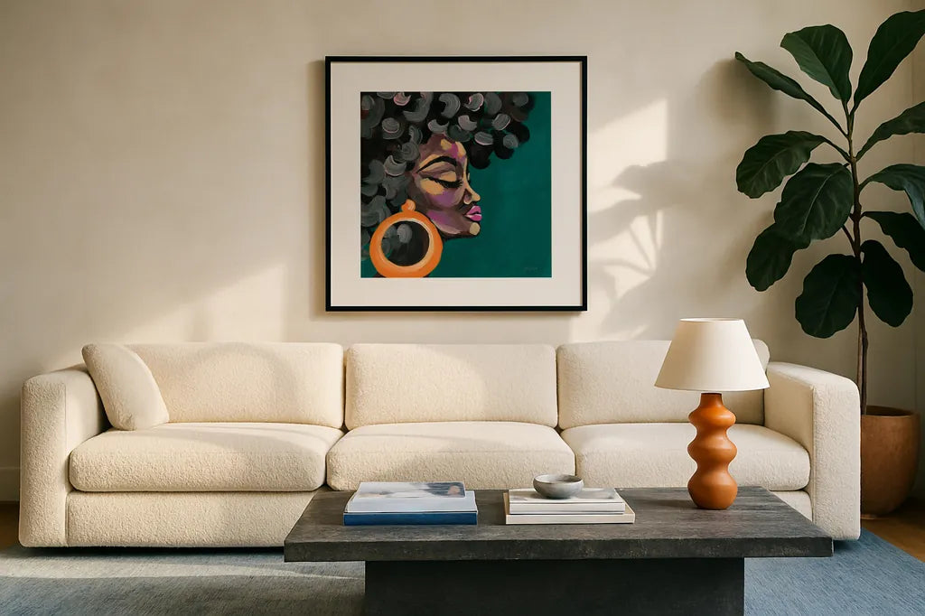 Fabulous and Glamorous II by Yvette St. Amant. Displayed in a glass frame with matte in a clean modern living room. Available as an archival giclee rolled canvas, fine art paper, or poster print. SKU 96178a.