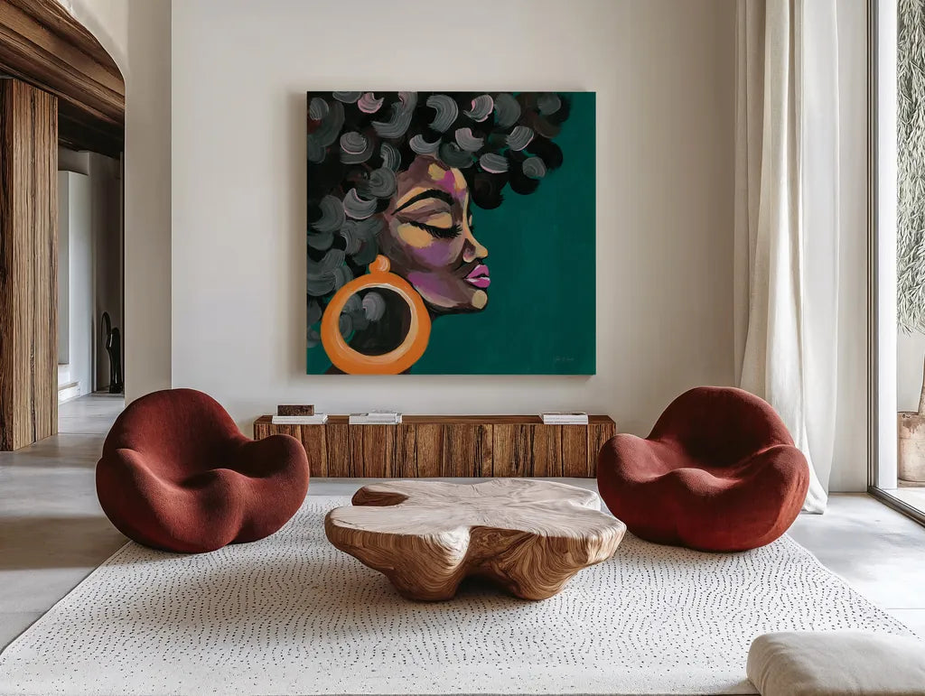 Fabulous and Glamorous II by Yvette St. Amant. Shown as extra-large giant wall art in a modern living room. Available as an archival giclee rolled canvas, fine art paper, or poster print. SKU 96178a.