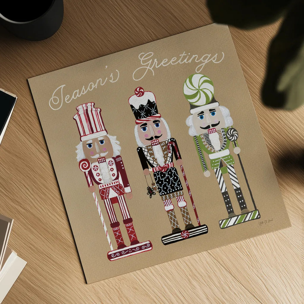 Festive Nutcrackers I by Yvette St. Amant. Shown as a detailed flat fine art print, highlighting archival giclee quality. Available as an archival giclee rolled canvas, fine art paper, or poster print. SKU 89869a.